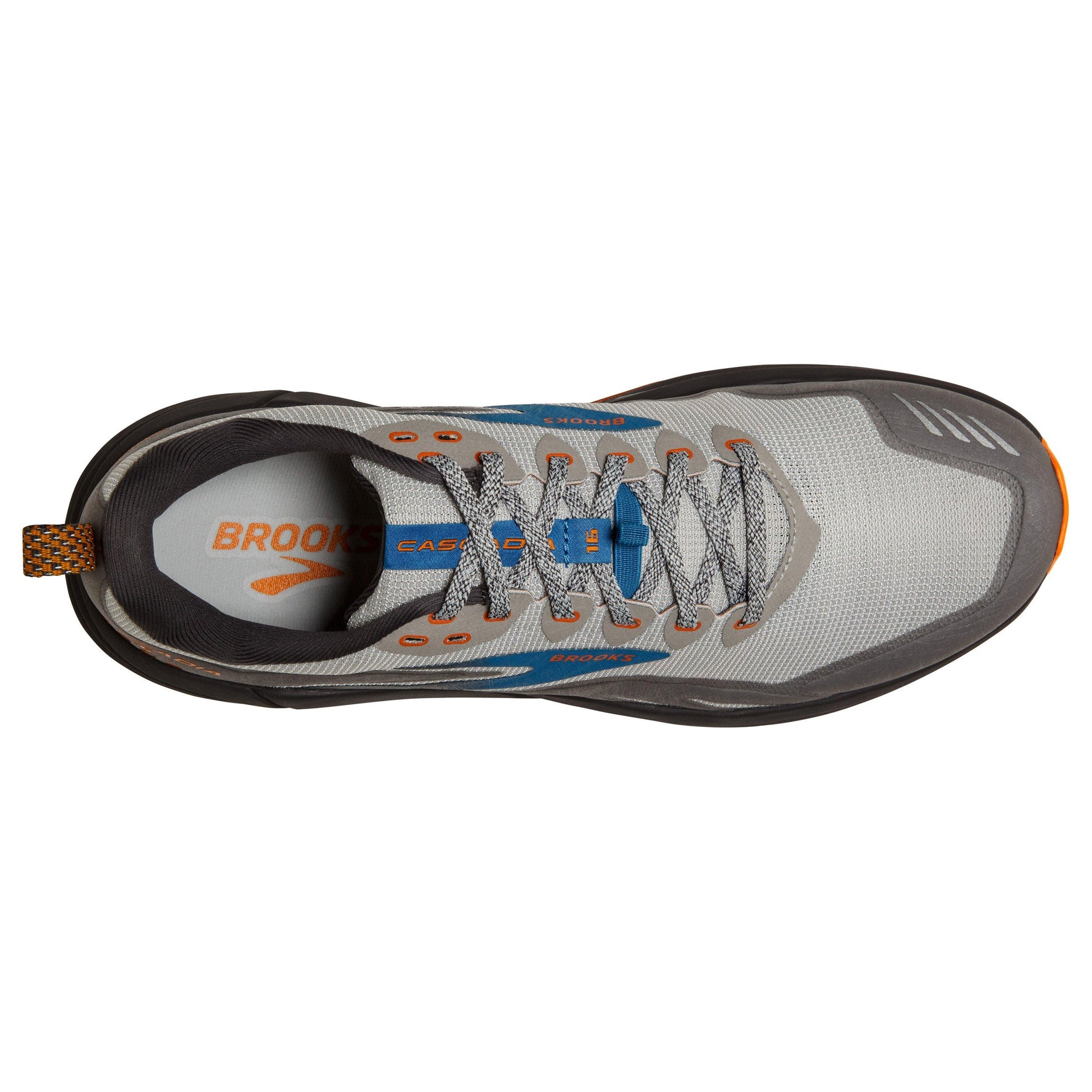 Brooks Cascadia 16 men's trail running shoe in oyster gray with orange and blue details