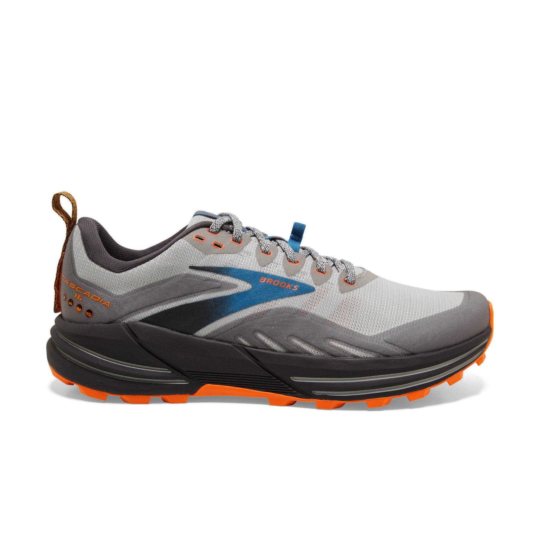Brooks Cascadia 16 men's trail running shoe in gray with blue and orange accents
