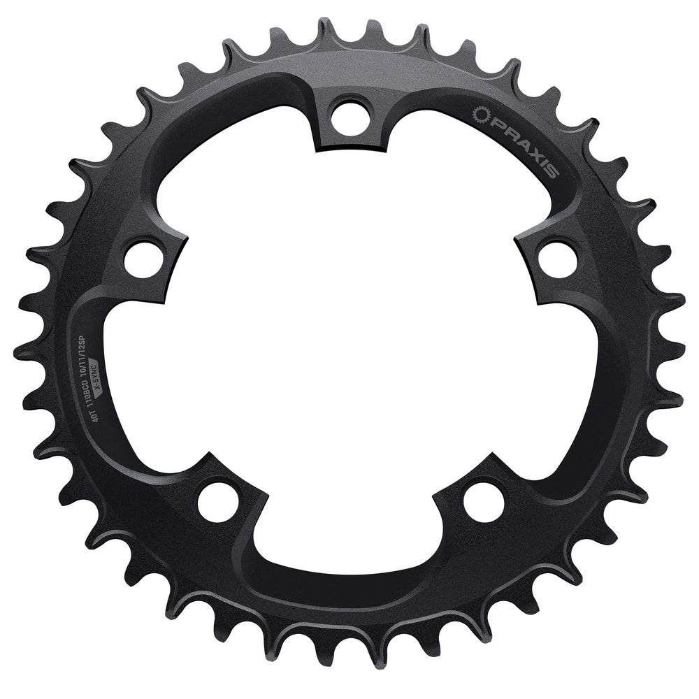 Praxis 40T black chainring with 110 BCD bolt pattern and wave tooth design