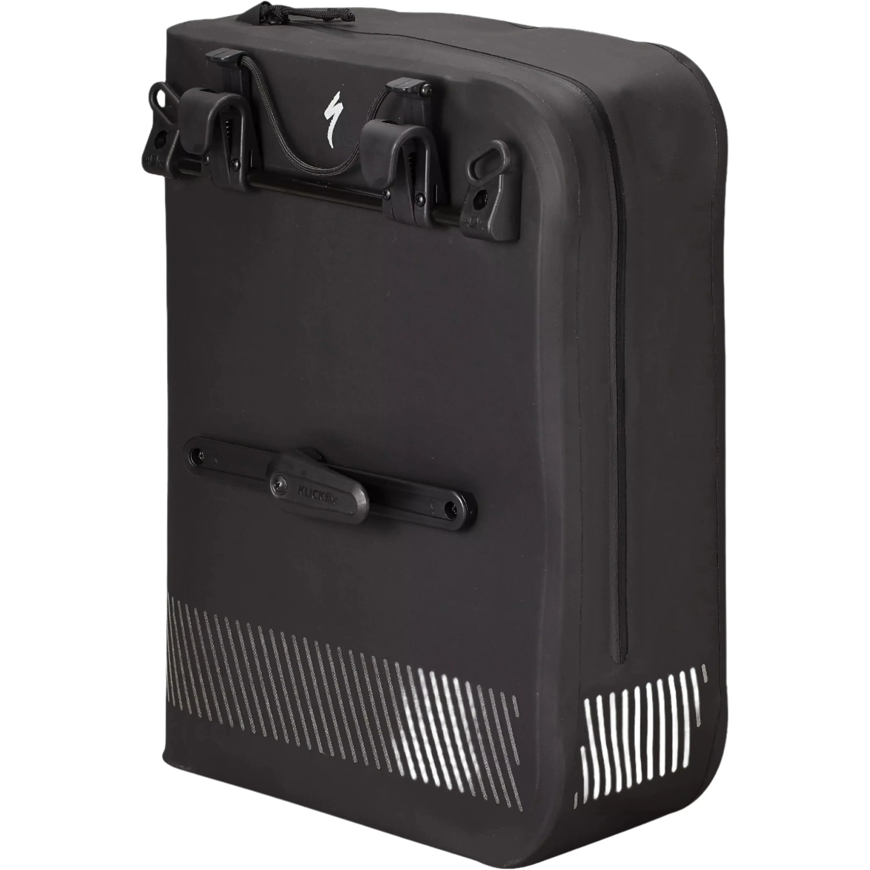 Specialized Tailwind black waterproof cycling pannier with mounting system and reflective stripes