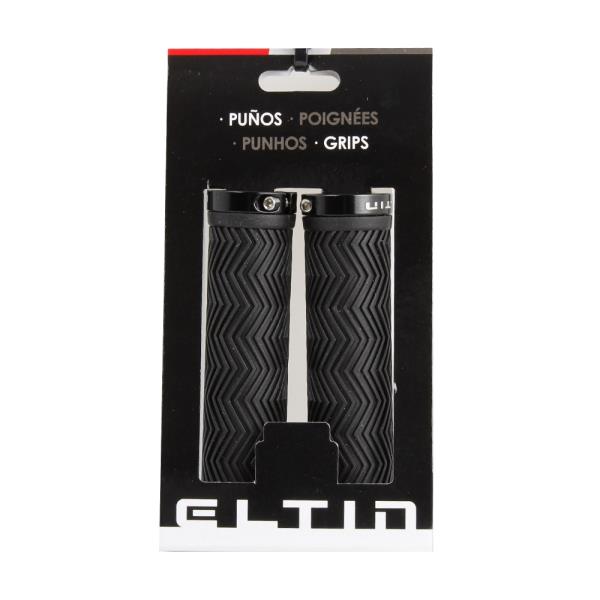 Eltin black bicycle grips with zigzag pattern and lock-on clamps in retail packaging