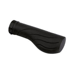 Black ergonomic bicycle grip with curved design patterns against white background