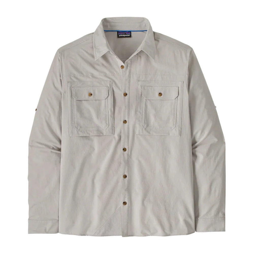 Patagonia men's long-sleeved sun shirt in light sage gray with chest pockets