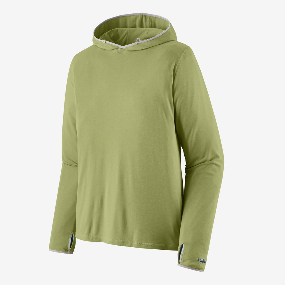 Patagonia men's green hooded long sleeve shirt with thumbhole cuffs