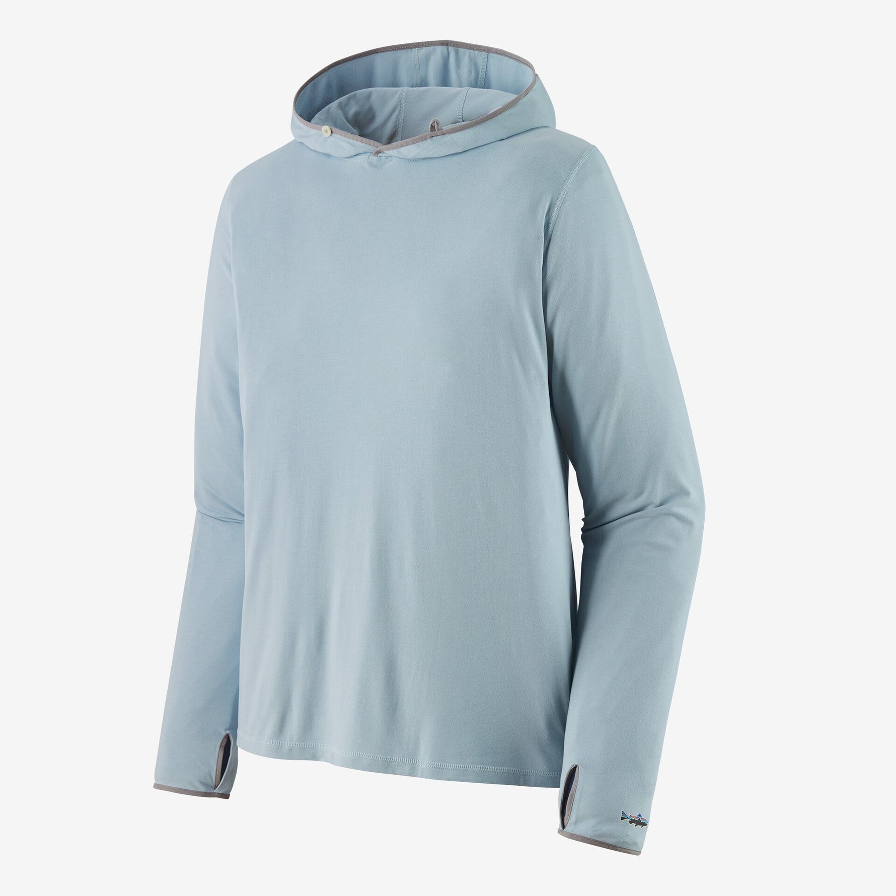 Light blue Patagonia hooded long sleeve shirt with thumb holes on clean background