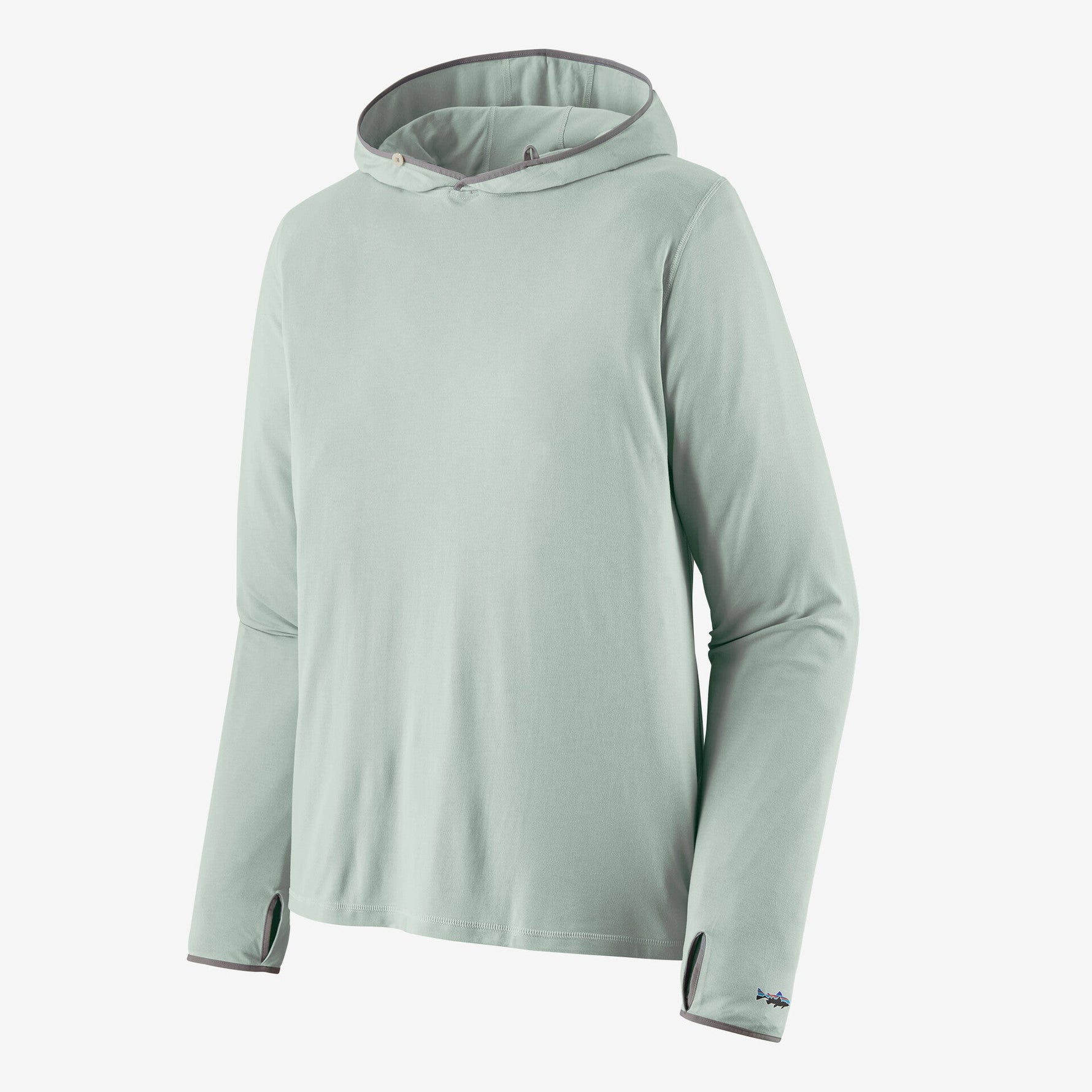 Patagonia men's light green hooded long sleeve shirt on white background