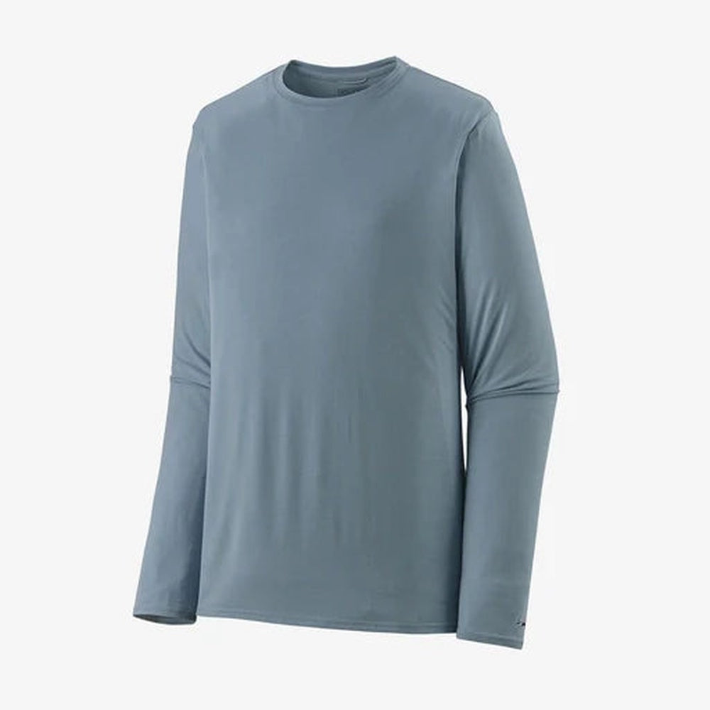 Patagonia men's long sleeve thermal crew neck shirt in blue-gray color