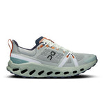 On Cloudsurfer running shoe in mineral gray and aloe green colorway