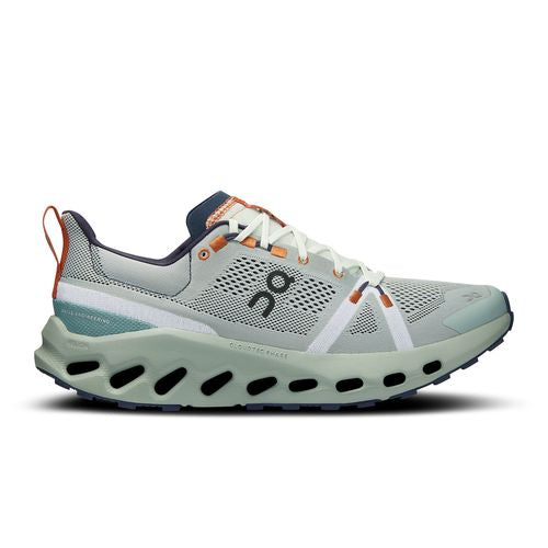 On Cloudsurfer running shoe in mineral gray and aloe green colorway
