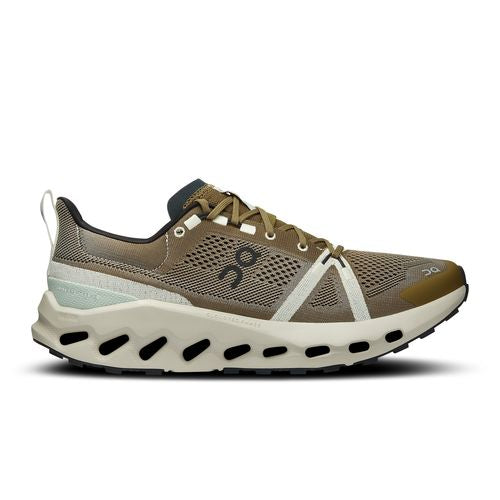 On Cloudsurfer trail running shoe in olive brown and ice colorway
