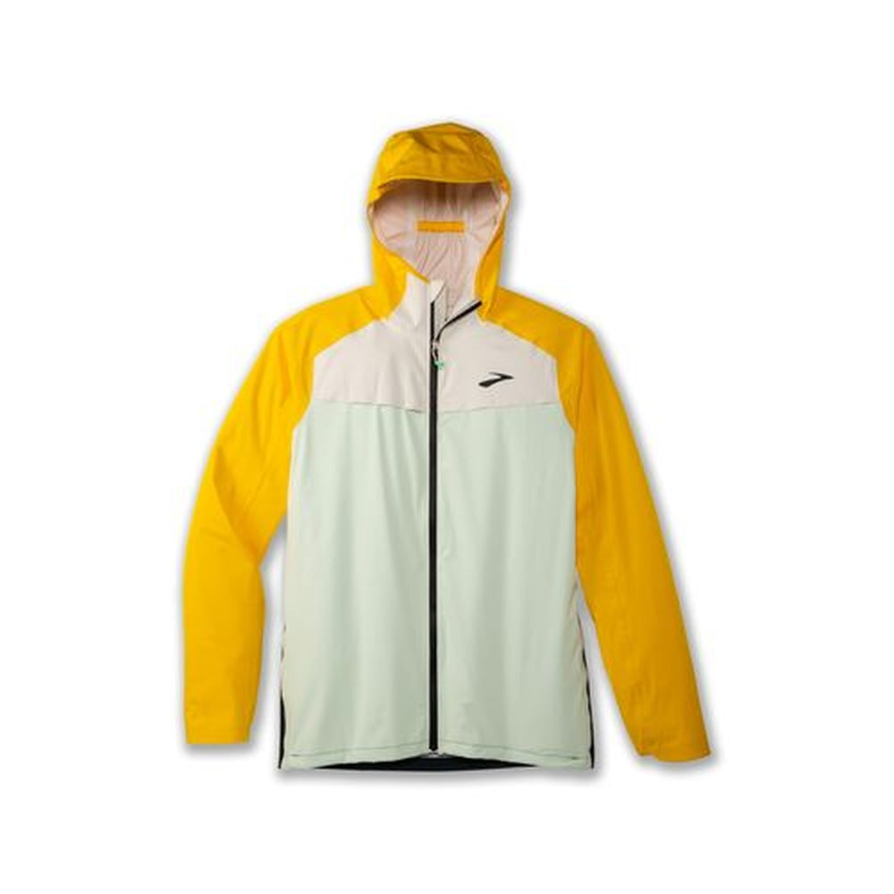 Brooks High Point Waterproof Jacket in Glacier Green, Ecru, and Lemon colorblock design