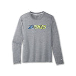 Brooks Distance Long Sleeve shirt in heather ash gray with gradient logo graphic