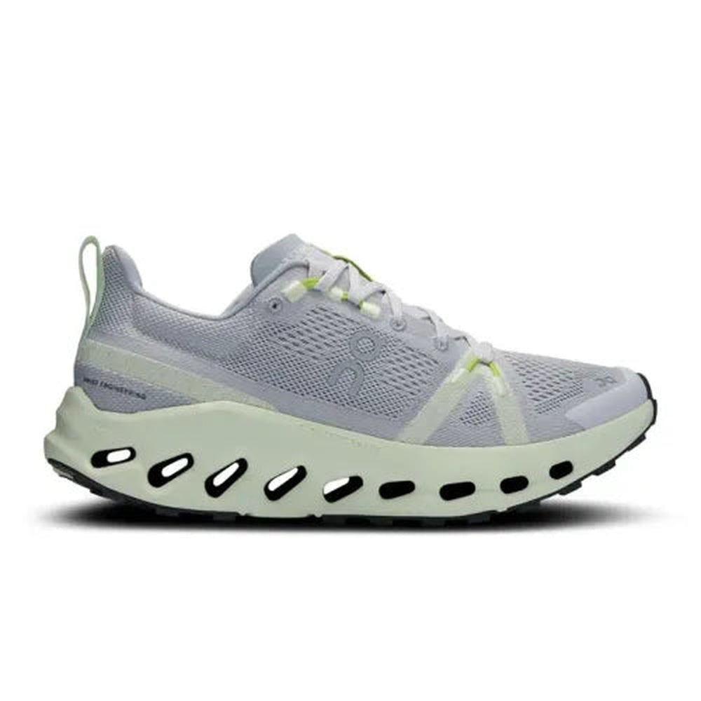 On Cloudsurfer women's trail running shoe in frost gray with lime accents