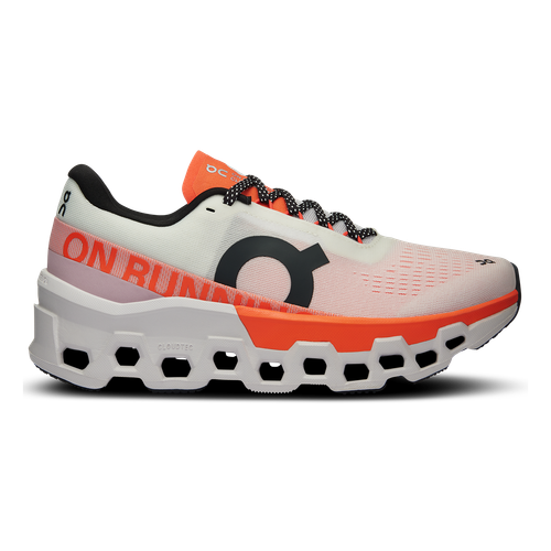On Cloudmonster 2 women's running shoes in white with orange flame accents