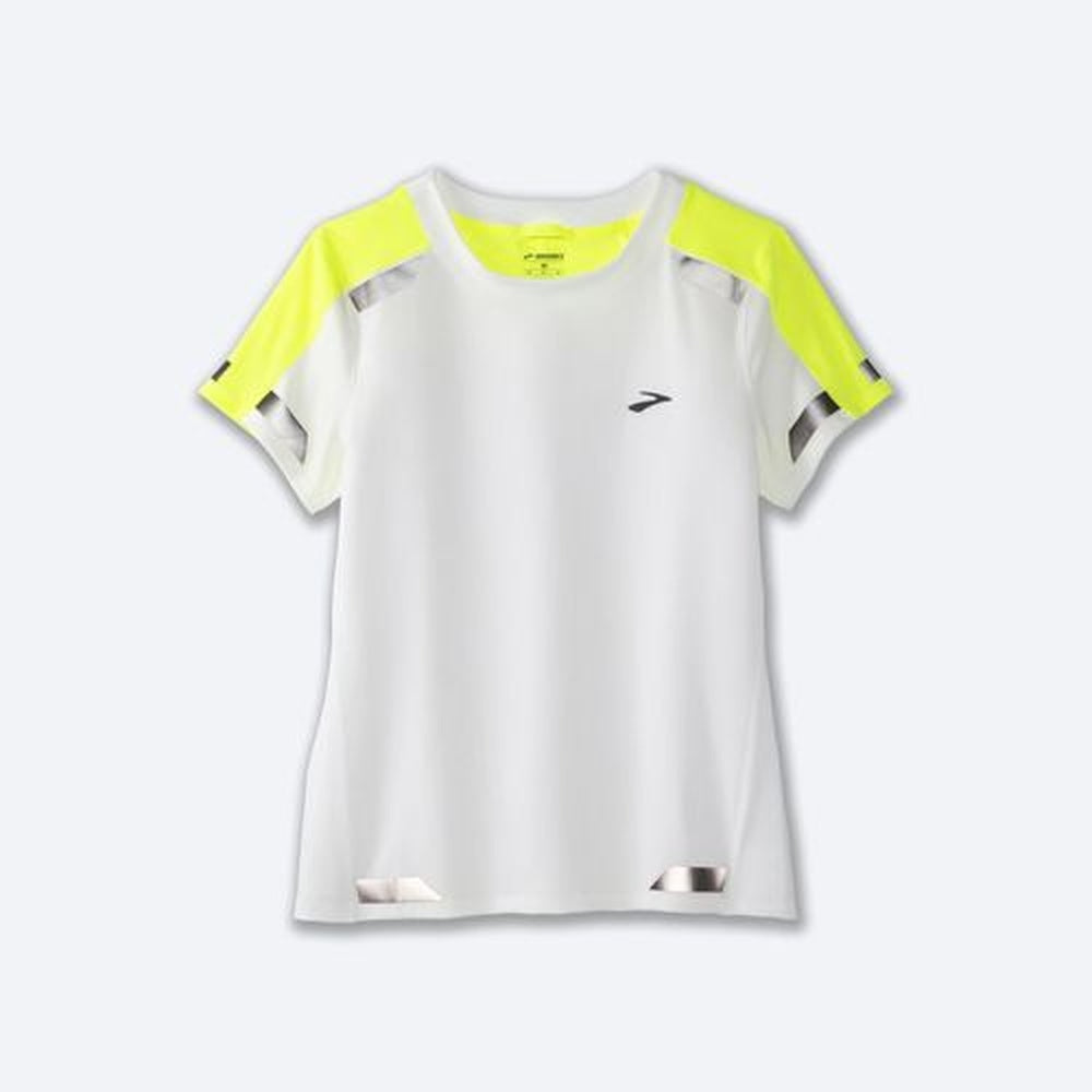 Brooks Run Visible women's short sleeve shirt in white with neon yellow shoulders and reflective accents
