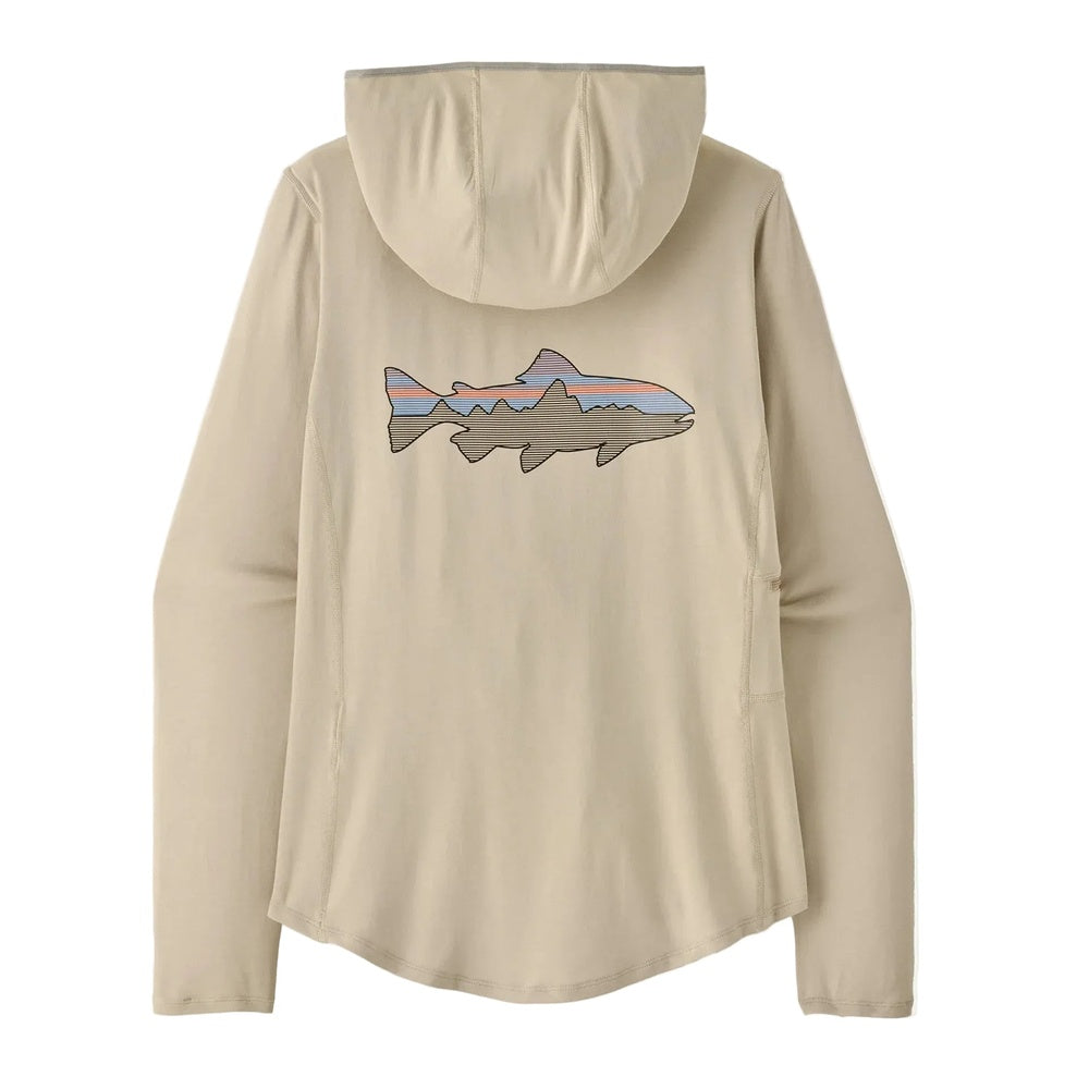 Patagonia Tropic Comfort hoody in pumice with Fitz Roy trout graphic on back