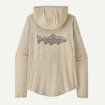 Patagonia Tropic Comfort hoody in pumice with Fitz Roy trout graphic on back