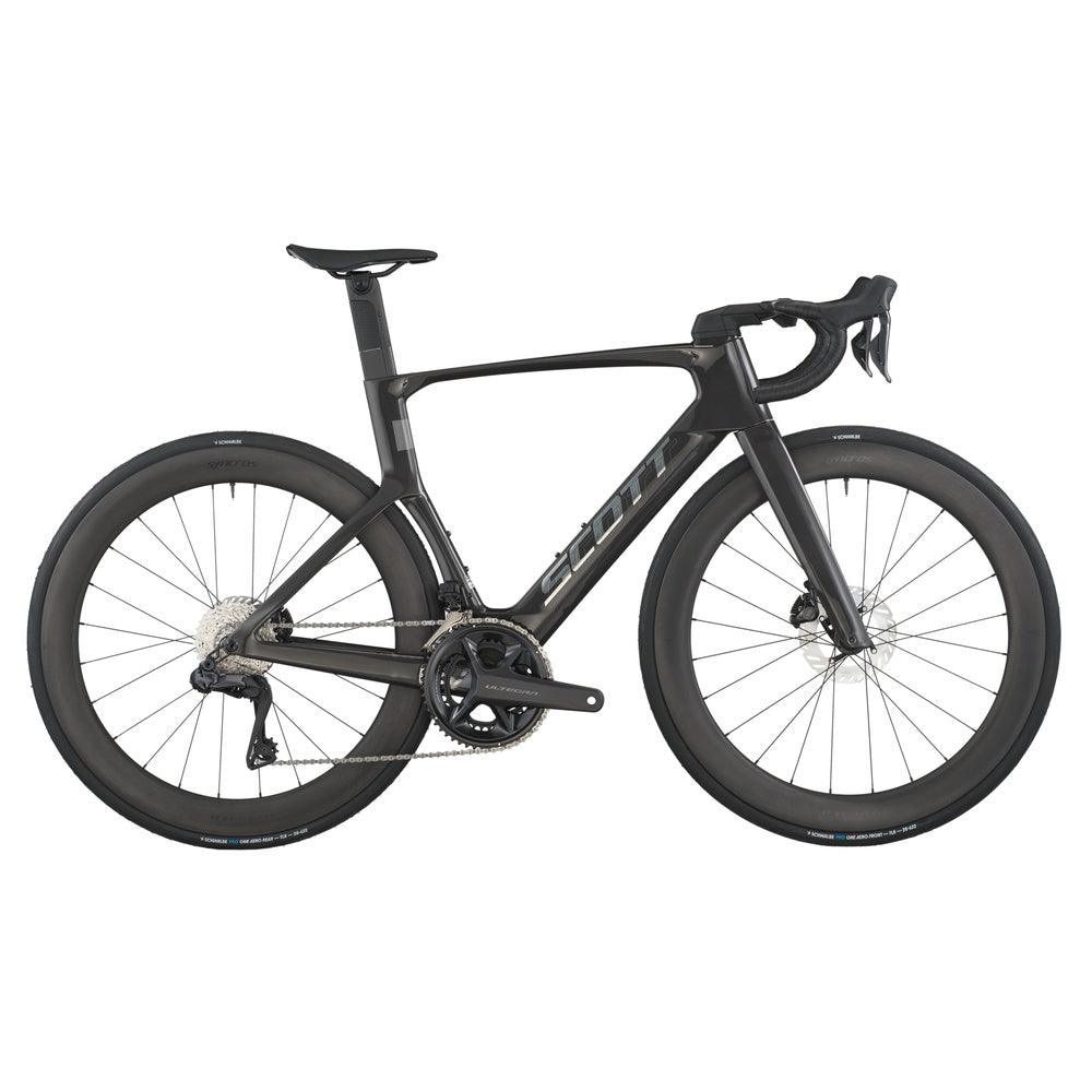 Scott Foil RC 10 aerodynamic road bike in carbon black with deep section wheels