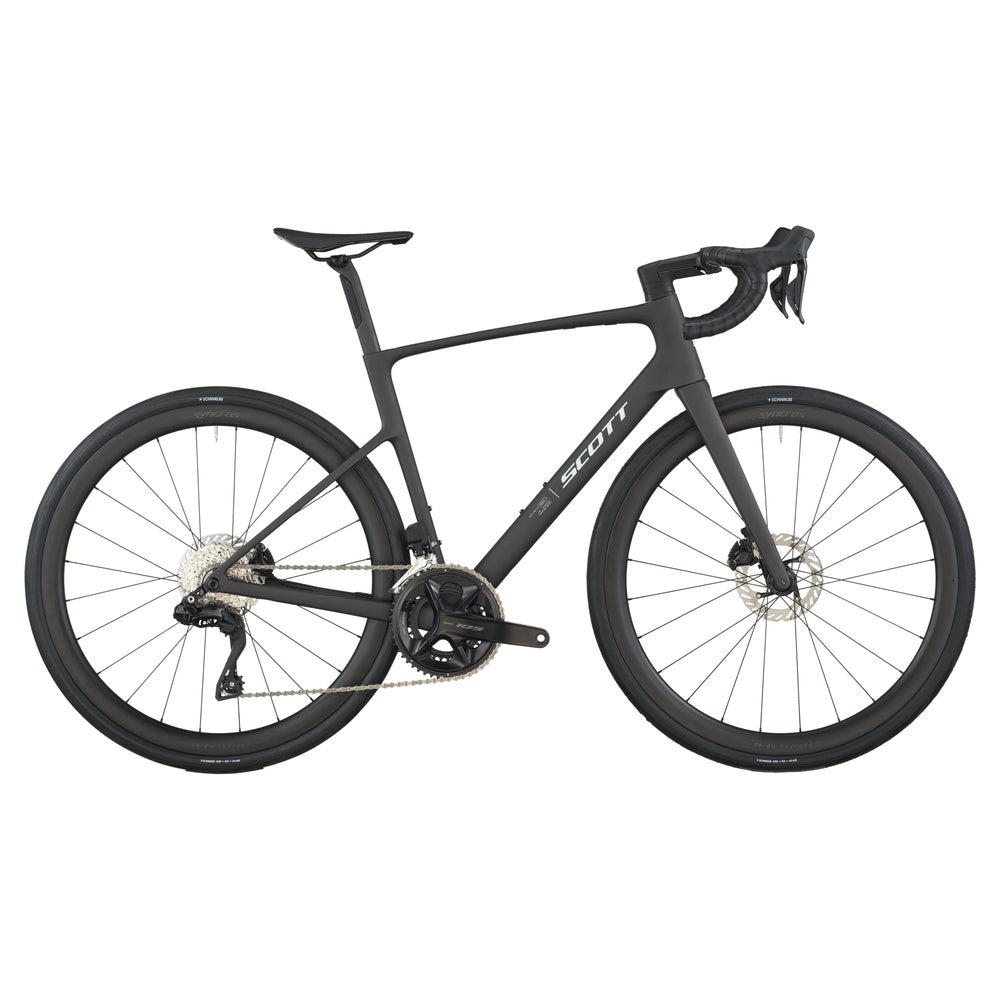 Scott Addict 30 road bike in carbon black with drop handlebars and disc brakes
