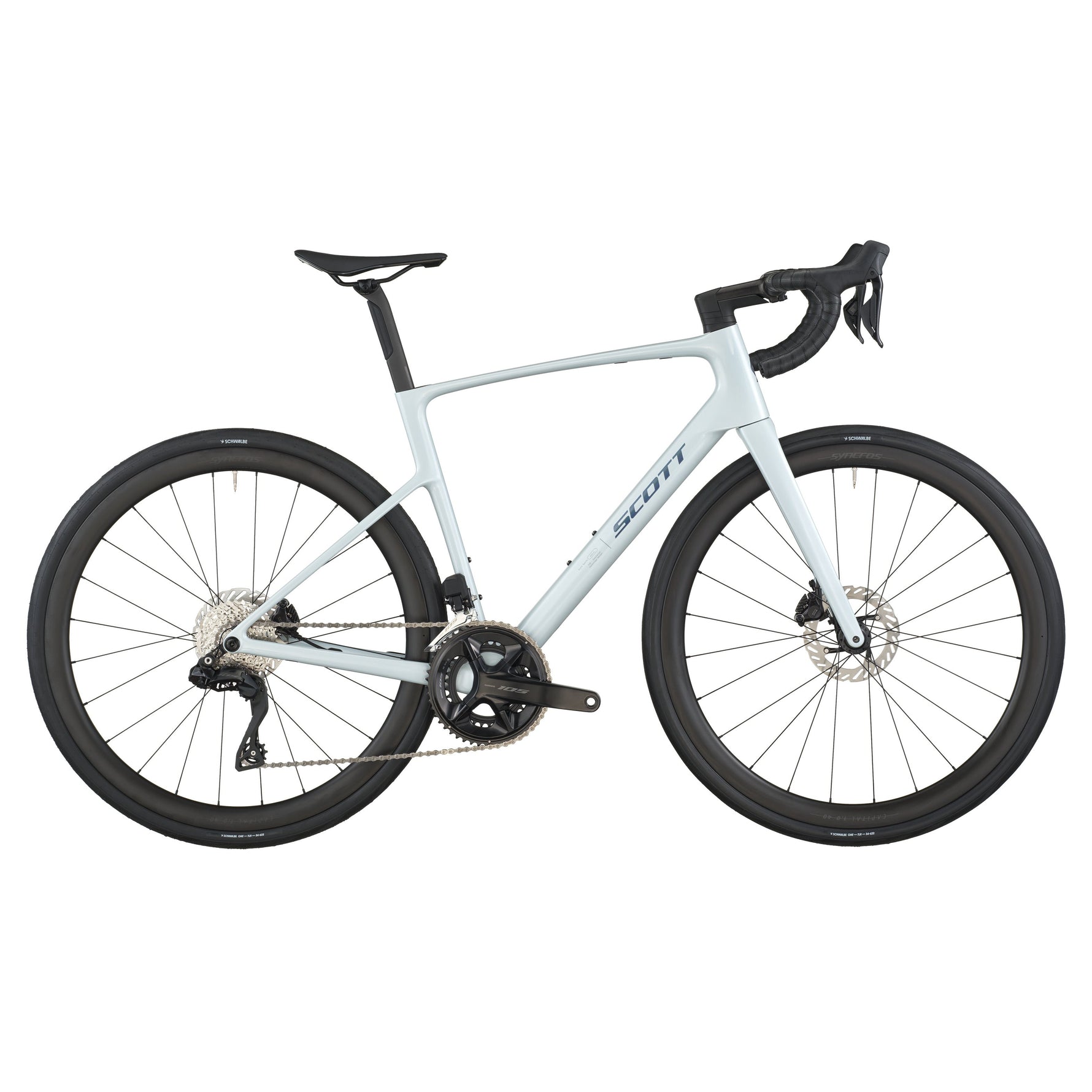 Scott Addict 30 road bike in cumulus white with disc brakes and drop handlebars