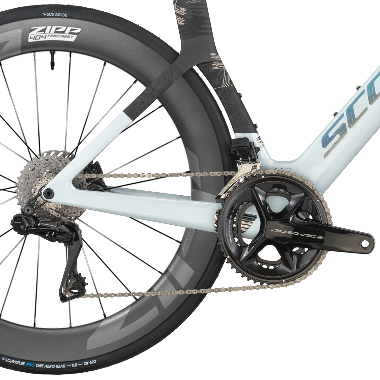 Scott Foil RC Pro bike drivetrain detail showing Dura-Ace components and aerodynamic frame