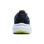 Brooks Ghost 17 men's running shoe rear view in navy and lime colorway