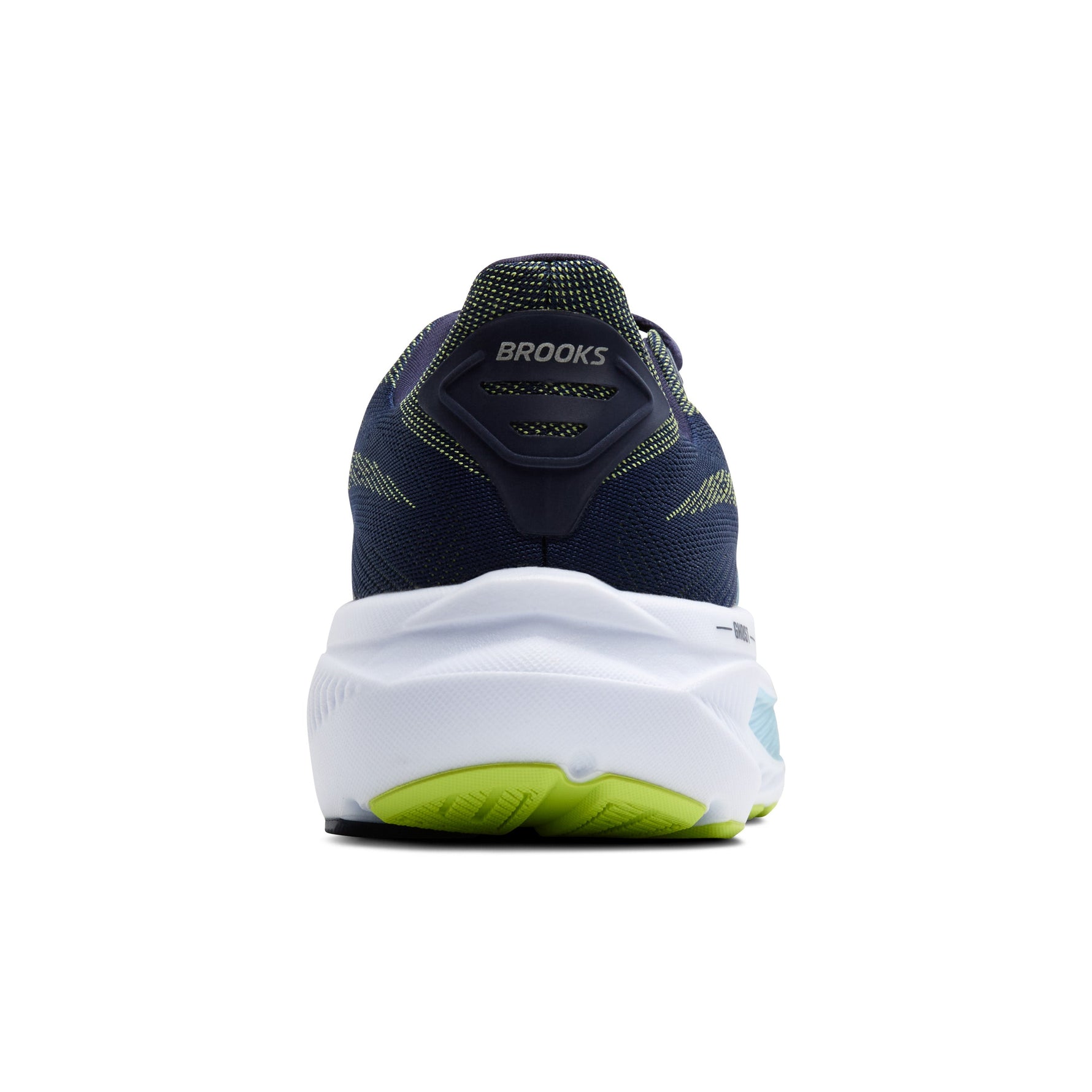 Brooks Ghost 17 men's running shoe rear view in navy and lime colorway