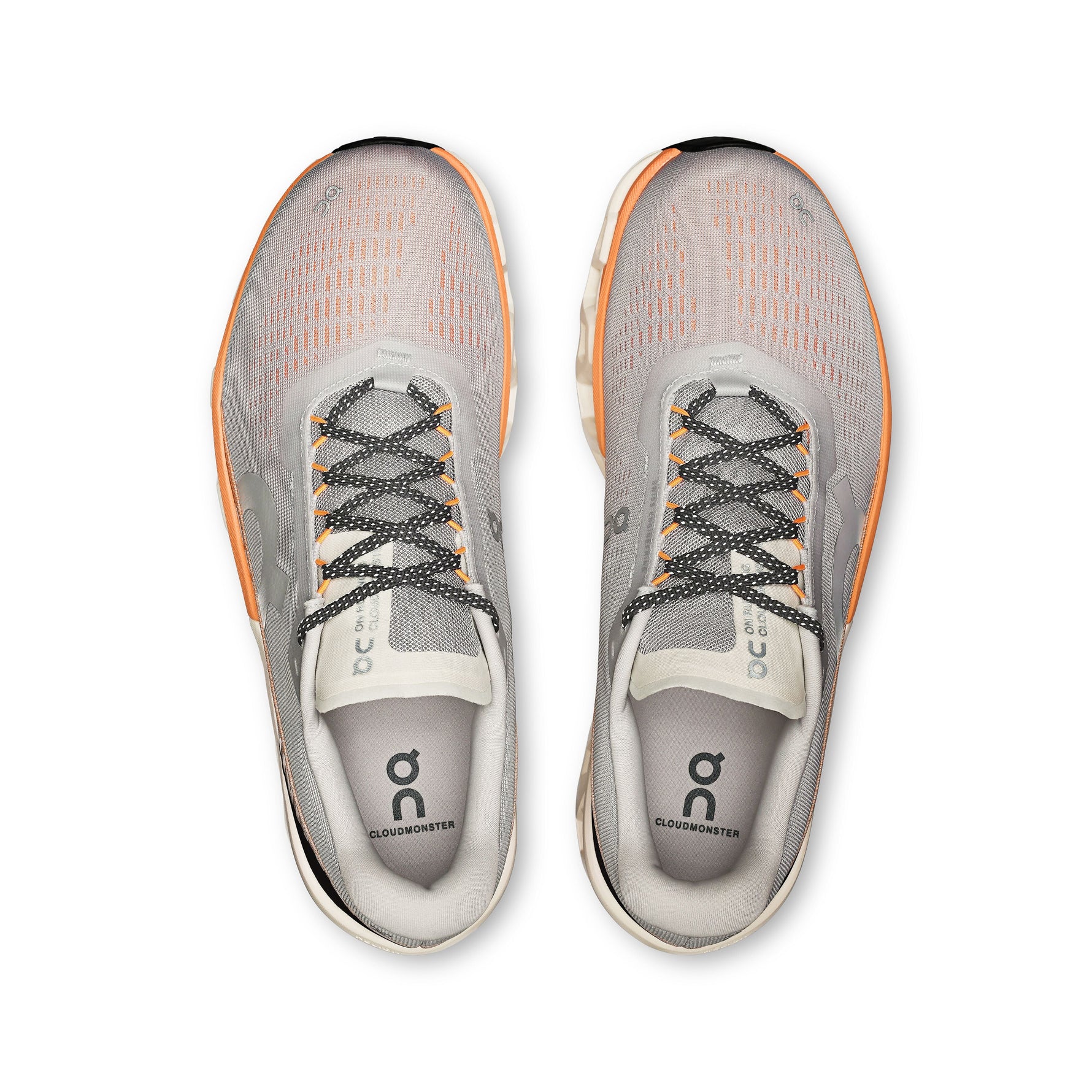 On Cloudmonster 2 running shoes in glacier gray with orange sole details