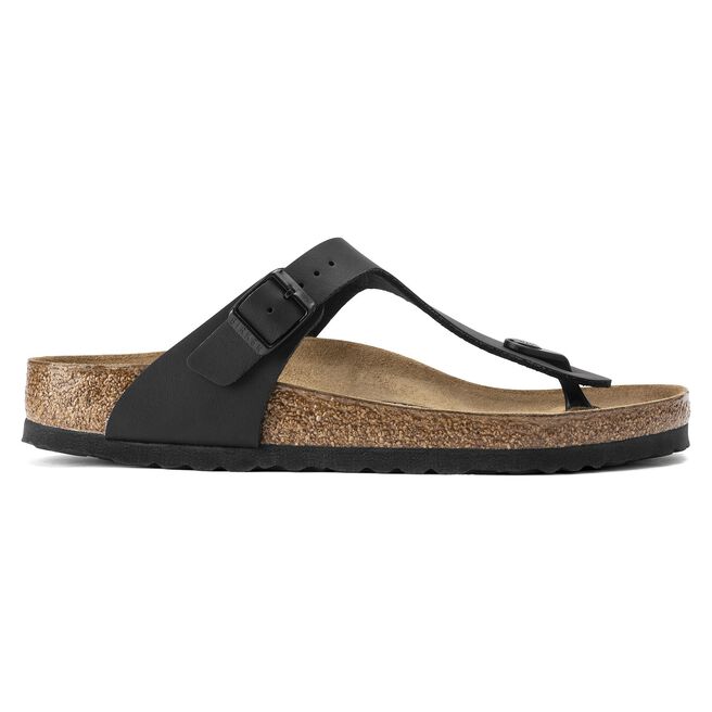 Black Birkenstock Gizeh thong sandal with cork footbed and adjustable buckle strap