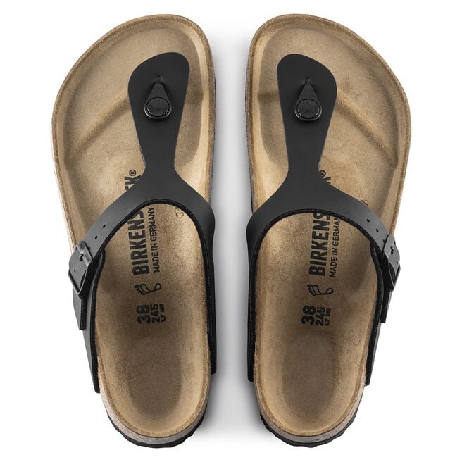 Black Birkenstock Gizeh thong sandals with cork footbed and adjustable strap