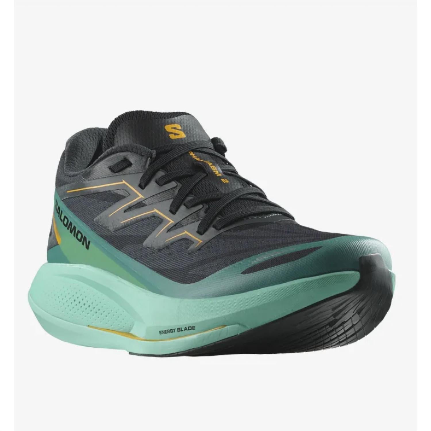 Salomon Phantasm 2 women's running shoe in black, teal, and gold colorway
