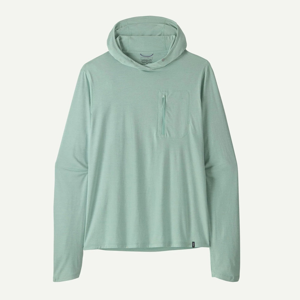 Patagonia men's light green hooded sun protection shirt with chest pocket