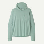 Patagonia men's light green hooded sun protection shirt with chest pocket