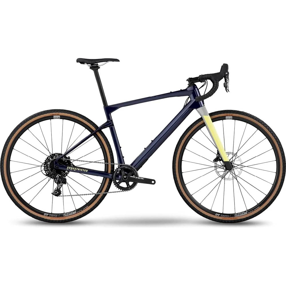 BMC UnReStricted URS Two 2023 gravel bike in midnight blue with yellow fork