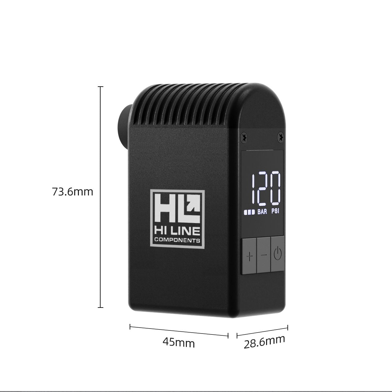 Black Hi Line Components electric tire pump with digital display showing 120 PSI