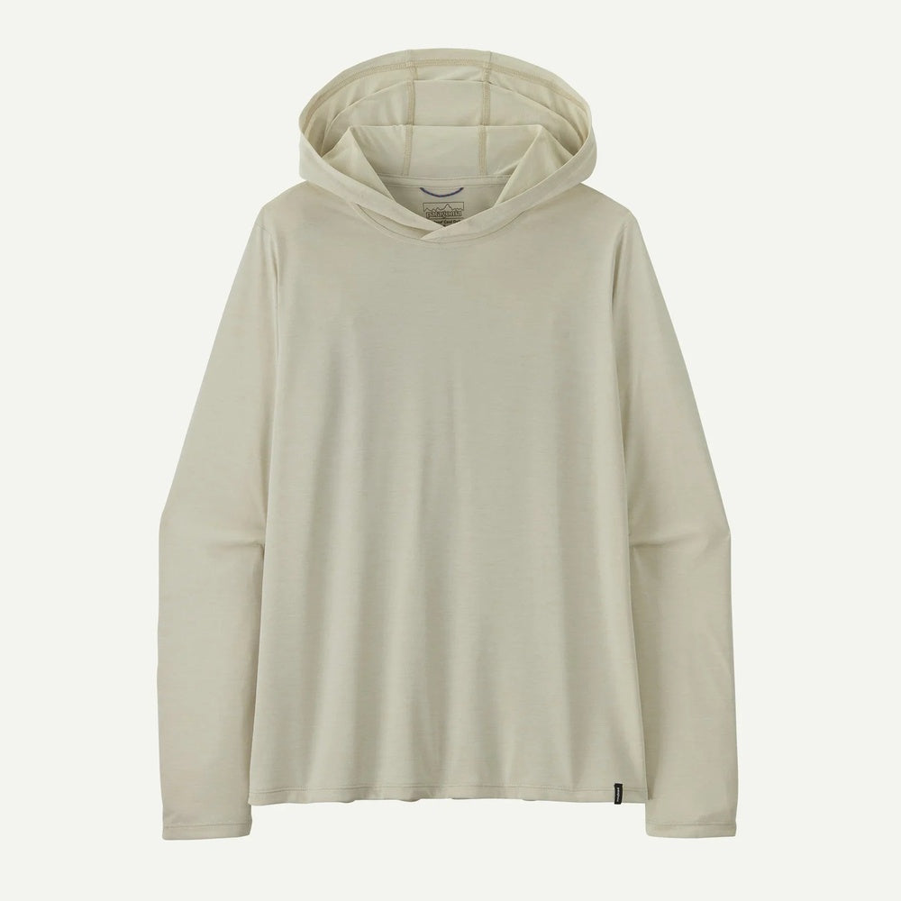 Patagonia women's light beige hooded long-sleeve shirt on clean white background
