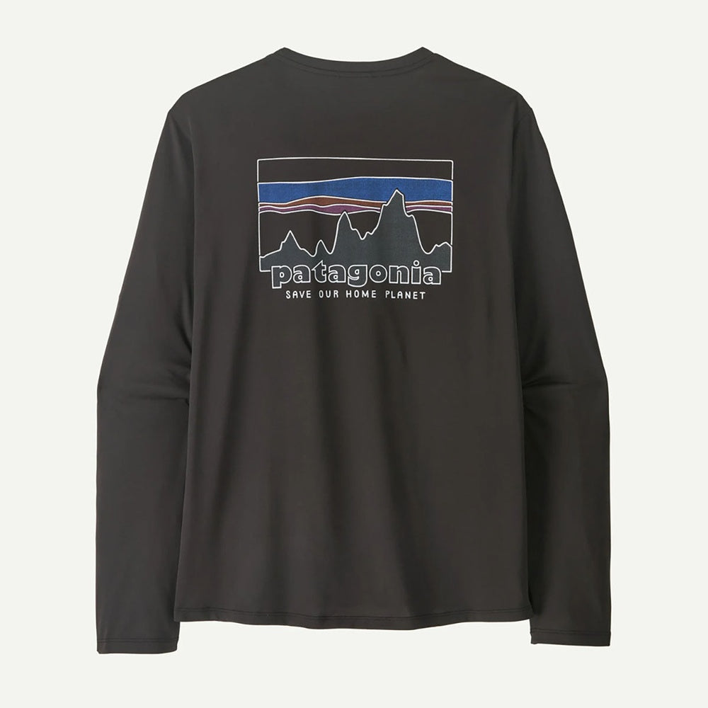 Patagonia men's long sleeve shirt in dark green with mountain logo