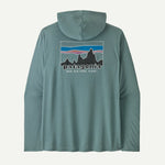 Patagonia men's hooded long sleeve shirt in sage green with mountain logo on back