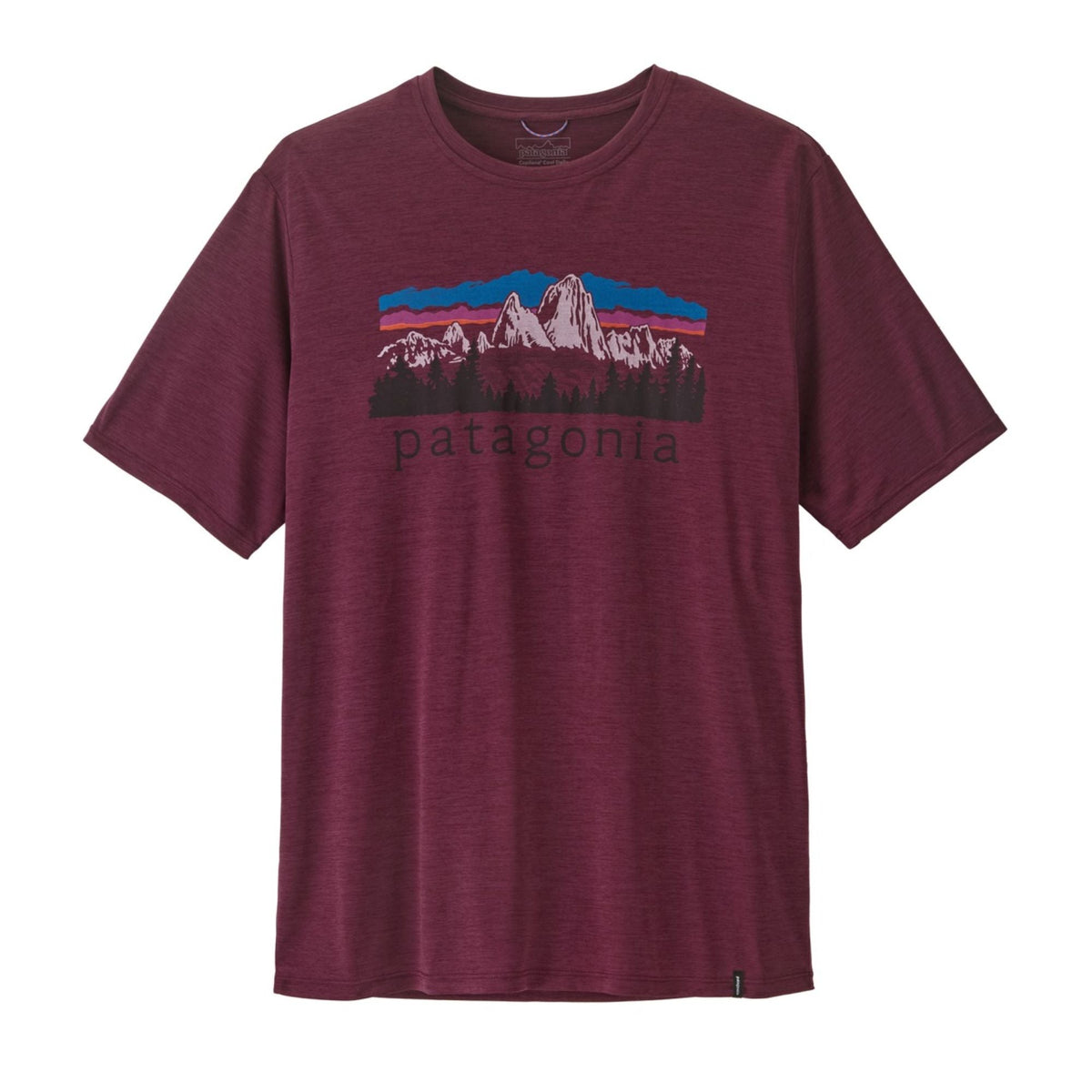 Patagonia Capilene Cool Daily Shirt in Berry Fig with Fitz Roy Foothills graphic