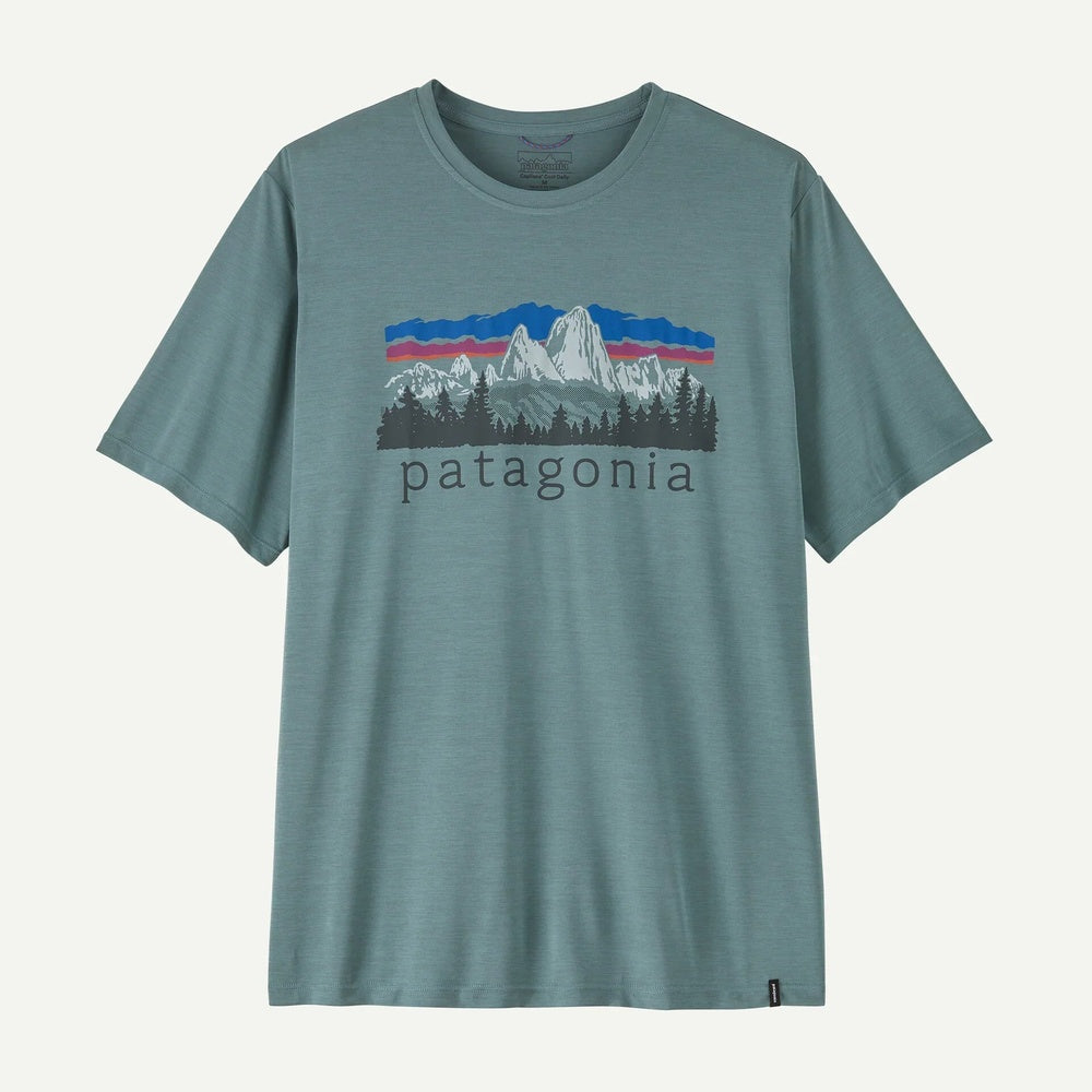 Patagonia Capilene Cool Daily Shirt in light blue sage with Fitz Roy Foothills mountain graphic