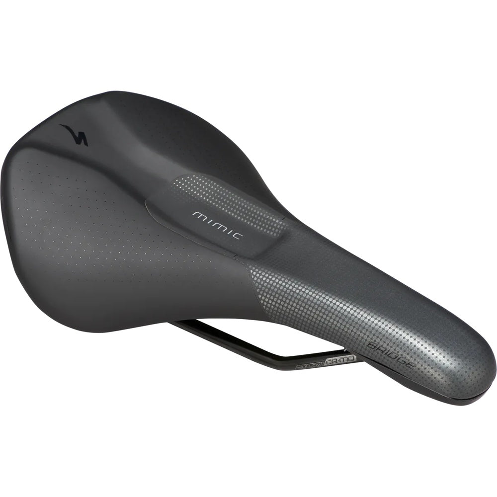 Specialized Bridge Comp with MIMIC saddle in black, angled side view showing dotted texture
