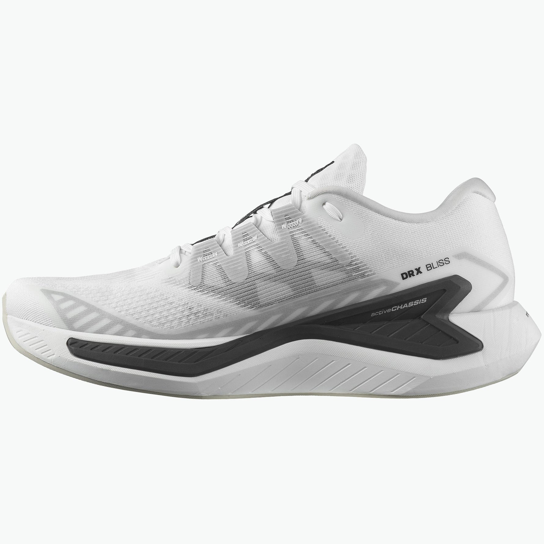 Salomon DRX Bliss women's running shoe in white with black details, side view