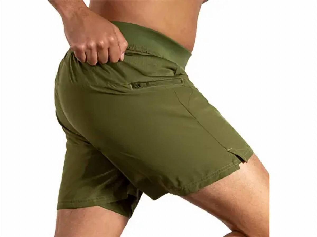 Brooks Sherpa 7-inch 2-in-1 men's running shorts in carbon green, side view showing zippered pocket