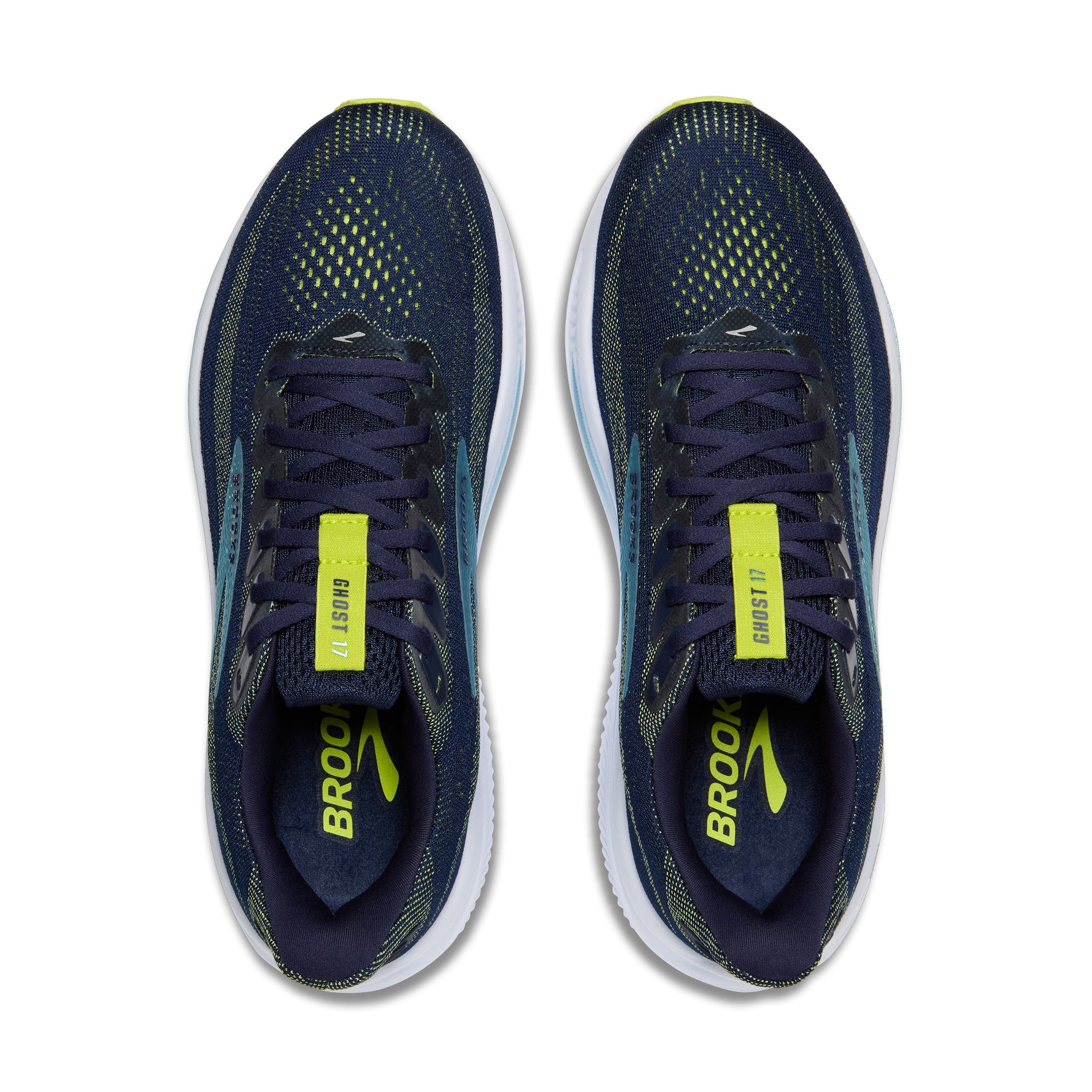 Brooks Ghost 17 men's running shoes in peacoat navy and lime green, top view