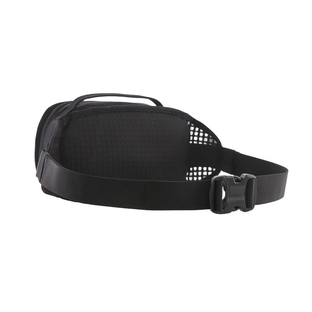 Black Patagonia Fieldsmith Hip Pack with adjustable waist strap and mesh ventilation panels