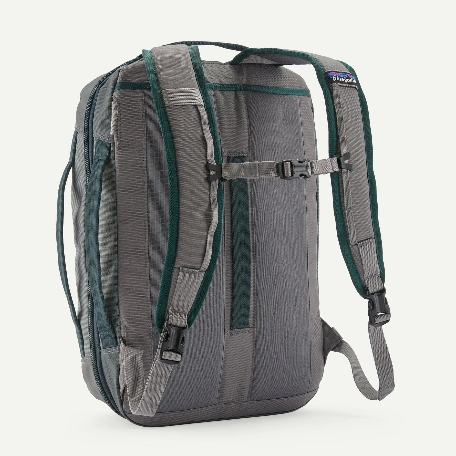 Patagonia Black Hole MLC backpack in Noble Grey with teal trim and straps