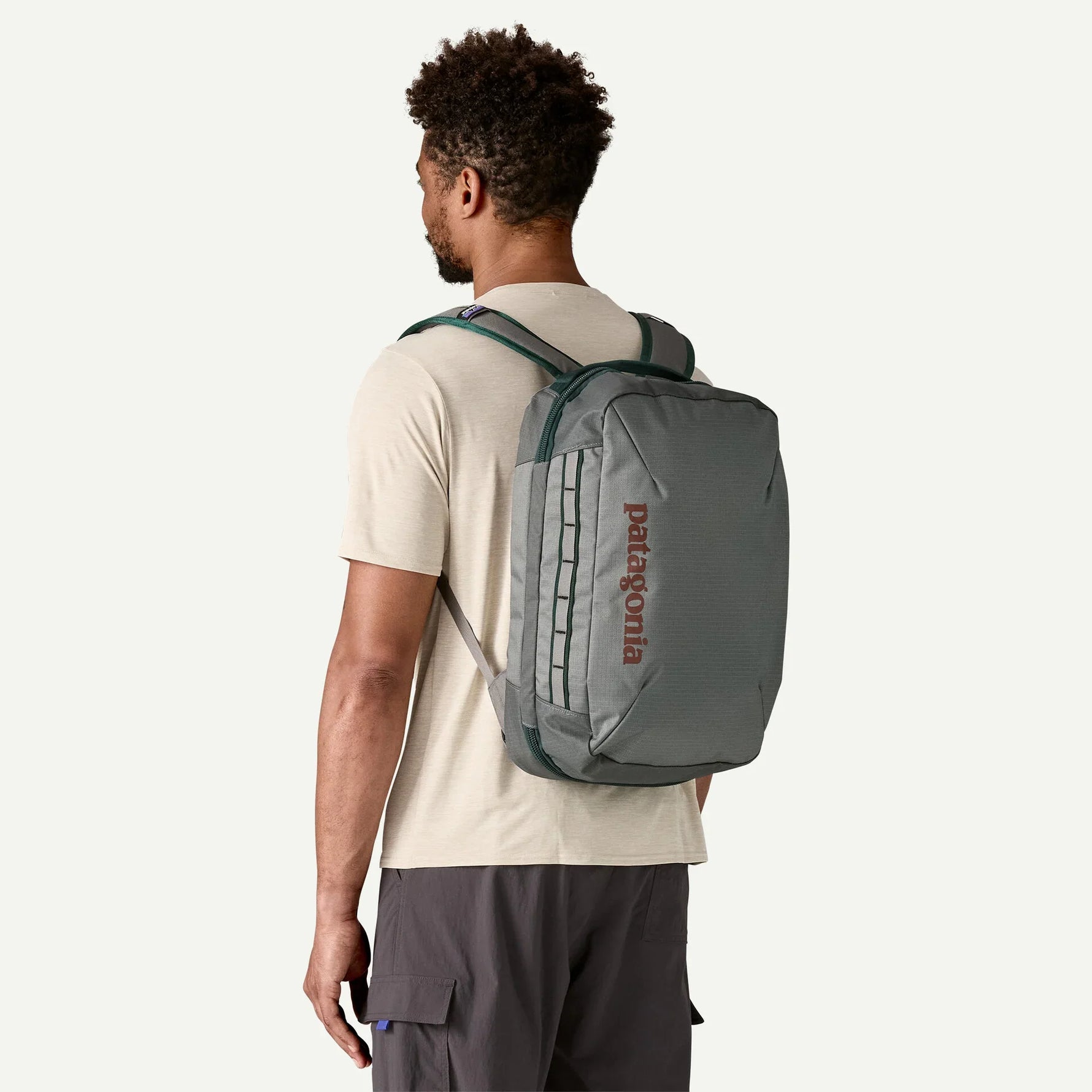 Man wearing grey Patagonia Black Hole MLC backpack with red logo text