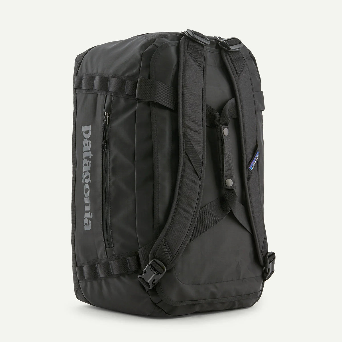 Rear view of Patagonia Black Hole 40L Duffel showing backpack straps in black