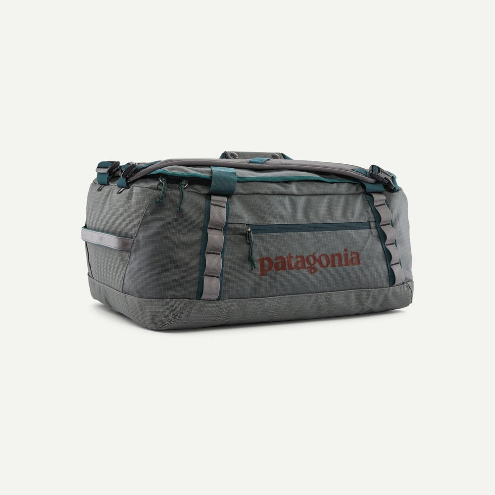 Patagonia Black Hole 40L duffel bag in Noble Grey with teal accents, standalone product view