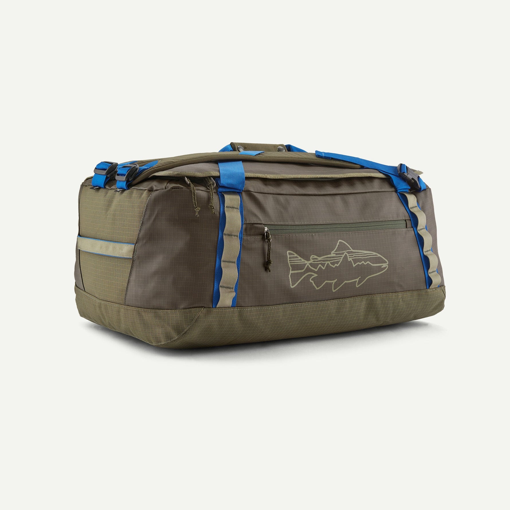 Patagonia Black Hole Duffel 55L in Basin Green with Fitz Trout fish logo